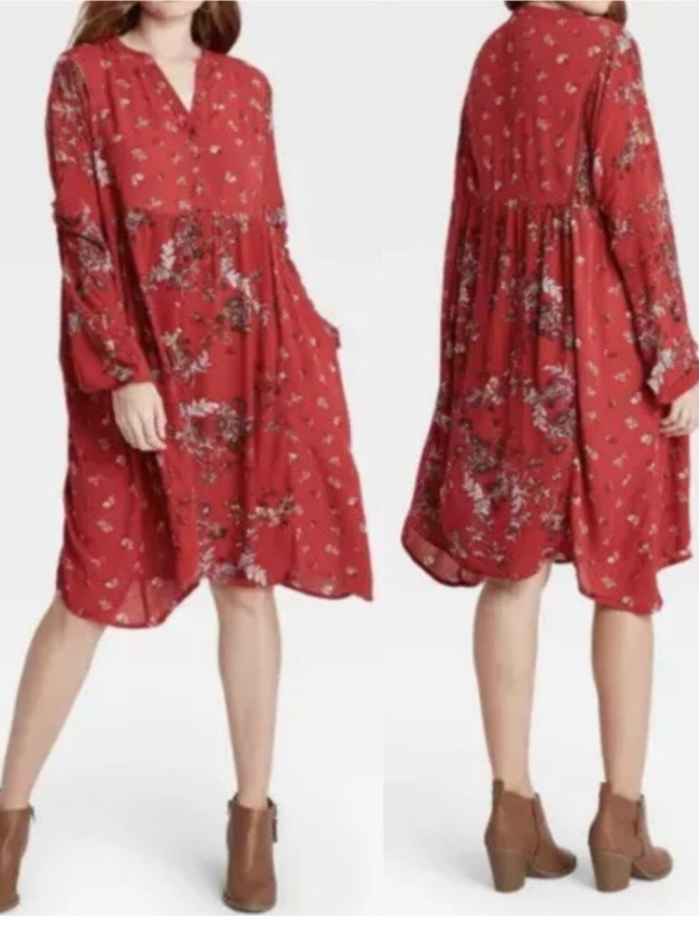 Knox Rose Red Floral Long-Sleeve Tiered Swing Dress
